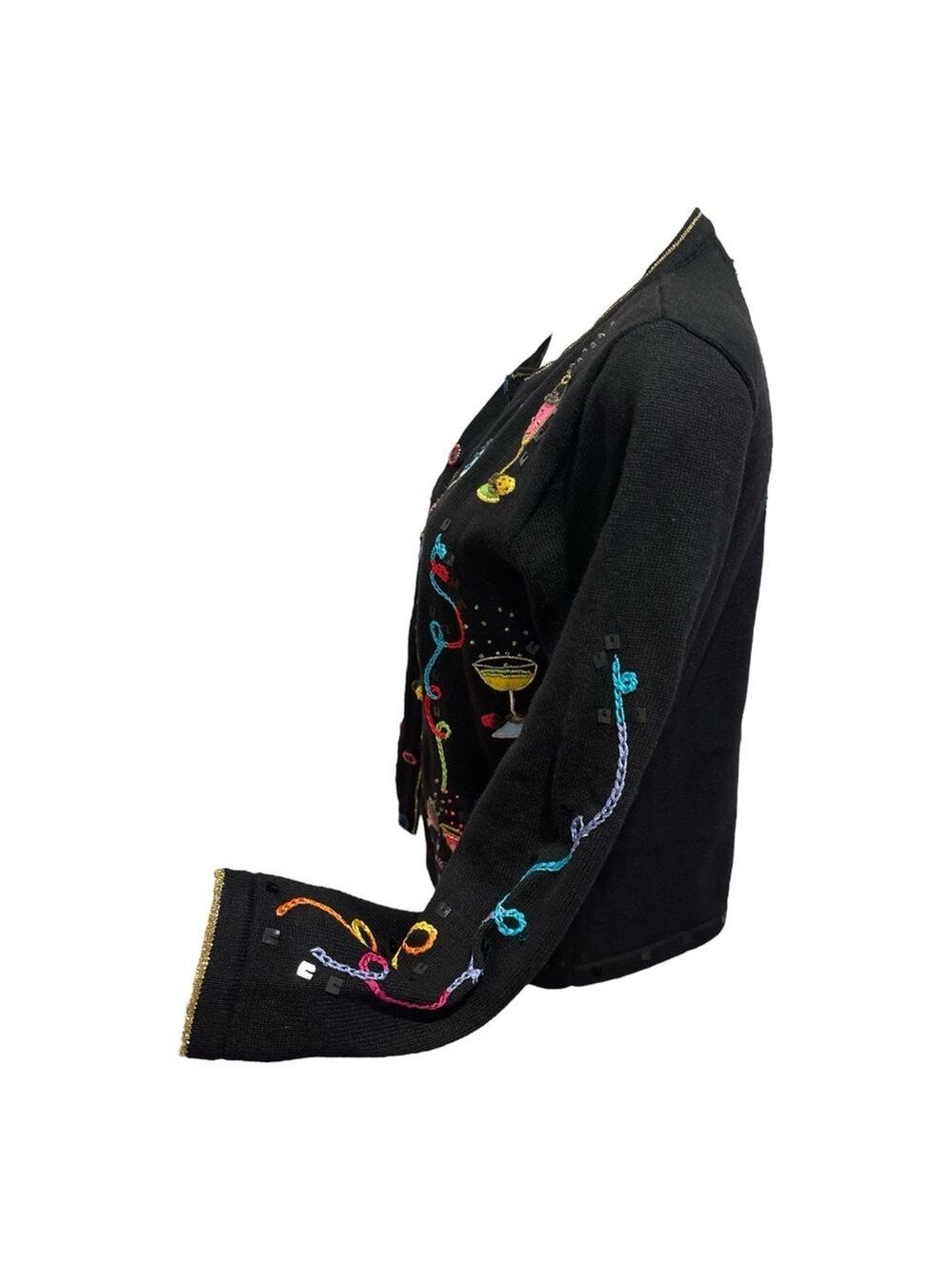 80s BERER 2 BLACK & MULTI-COLOR COCKTAILS HOUR W STREAMERS CARDIGAN SWEATER SZ S - Picture 6 of 12